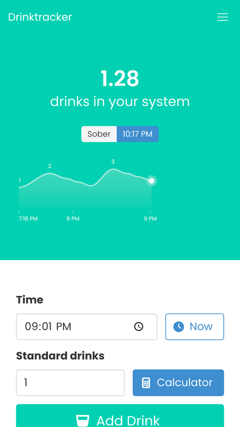 Drinktracker showing 1.28 drinks still in the system and a sober-by time of 10:17 PM.